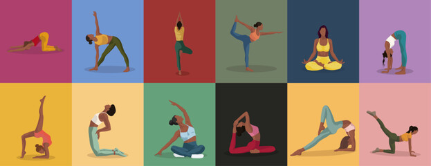 set of black girls doing yoga sport pilates in different poses and clothes on green black blue purple brown background for meditation apps webs posters