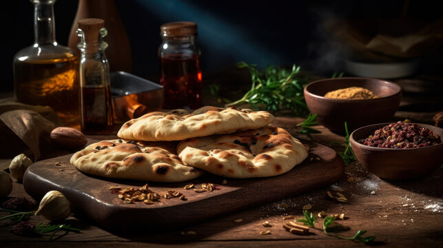 Homemade Naan Straight from the Tandoor Oven, food photography. Generative AI