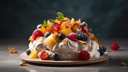 Divine Pavlova with Fresh Berries, a Delightful Treat. Food Photography, Generative AI