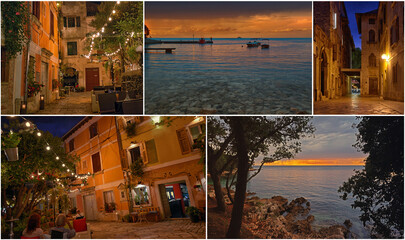 A colorful collage of beautiful places in cozy and quiet town Porec.Porec is a tourist destination on Adriatic coast of Croatia,Istria, Europe.Collection of travel photos - 590911451