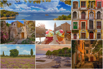 A colorful collage of beautiful places in cozy and quiet town Porec.Porec is a tourist destination on Adriatic coast of Croatia,Istria, Europe.Collection of travel photos - 590911458