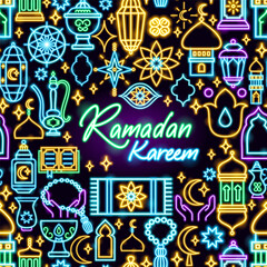 Ramadan Kareem Neon Frame. Vector Illustration of Religion Arabian Glowing Concept.