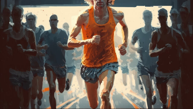 A start of runner running to success and goal concept. A very athletic and muscular man is running (Generative AI)