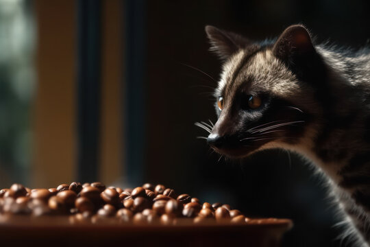 civet cat or luwak cat sniffing coffee beans. Sumatra coffee beans. Generative AI