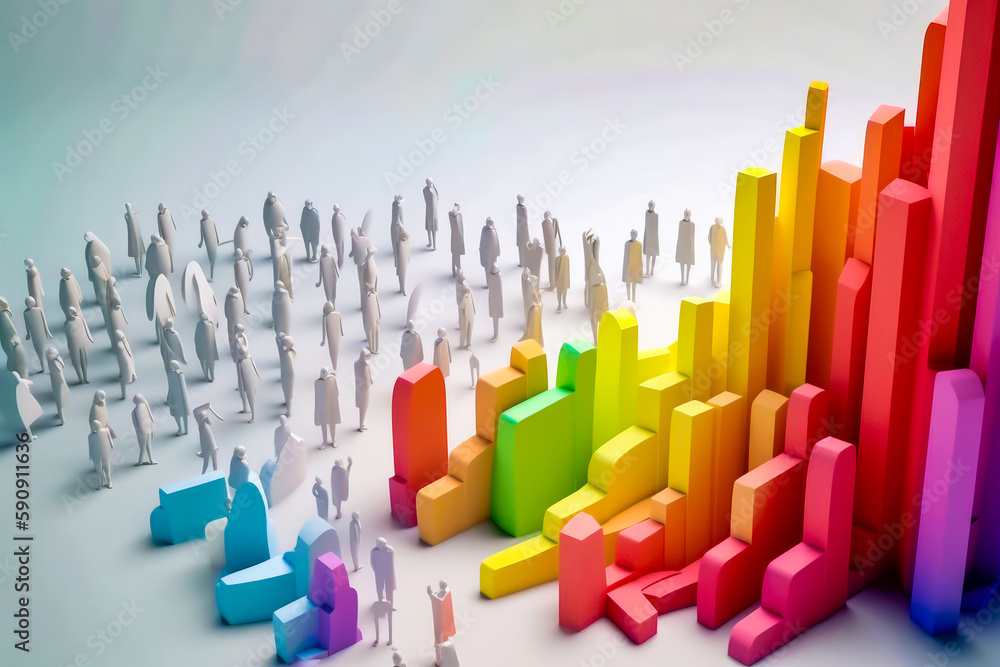 Poster group of people standing in front of colorful bar chart on white background. generative ai.