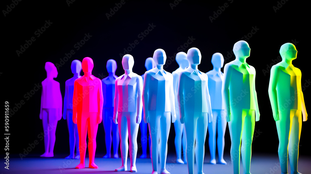Poster group of colorful mannequins standing in row on black background. generative ai.