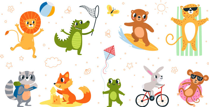 Cute animals summer activities. Animal on beach and travel, walking, playing and resting. Bunny on bicycle and raccoon with map, classy vector clipart