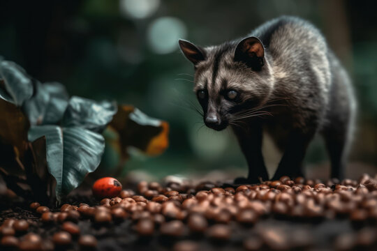 civet cat or luwak cat sniffing coffee beans. Sumatra coffee beans. Generative AI