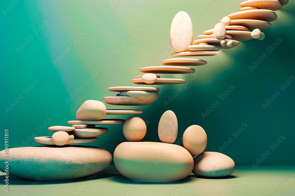 Poster group of rocks sitting next to each other on top of green surface. generative ai.