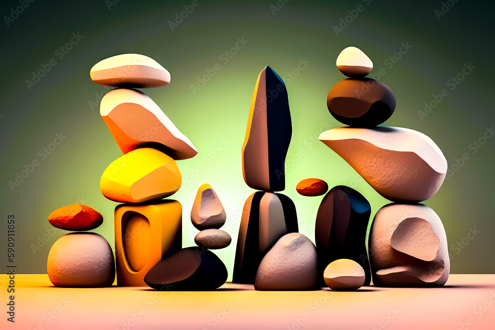Poster group of rocks stacked on top of each other with green background. generative ai.