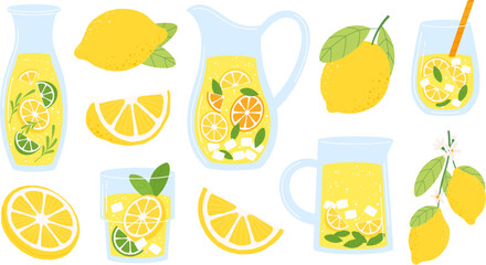Cartoon lemonade and lemons in bottle and jar. Water with mint and lemon slice. Juice in glass and carafe, fresh summer drinks racy vector set
