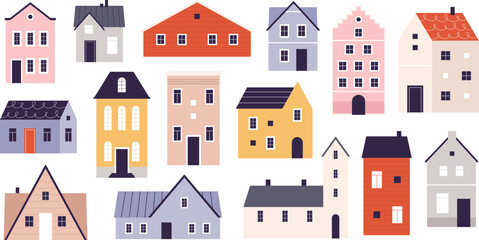 Fototapeta na wymiar Vibrant doodle flat homes. Isolated houses, abstract city buildings. Urban architecture, cute tiny house. Real estate elements, apartments racy vector set