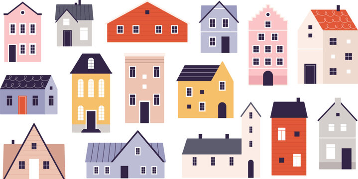 Vibrant doodle flat homes. Isolated houses, abstract city buildings. Urban architecture, cute tiny house. Real estate elements, apartments racy vector set