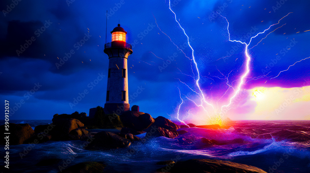 Poster lighthouse in the ocean with lightning bolt in the sky above it. generative ai.
