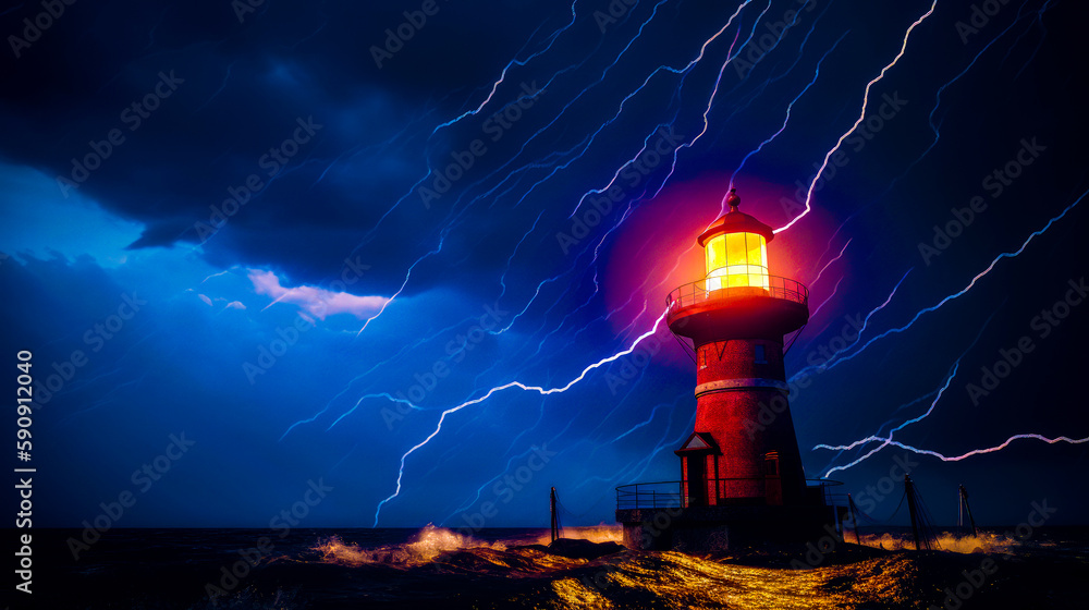 Poster lighthouse with red light on top of it under cloudy sky. generative ai.