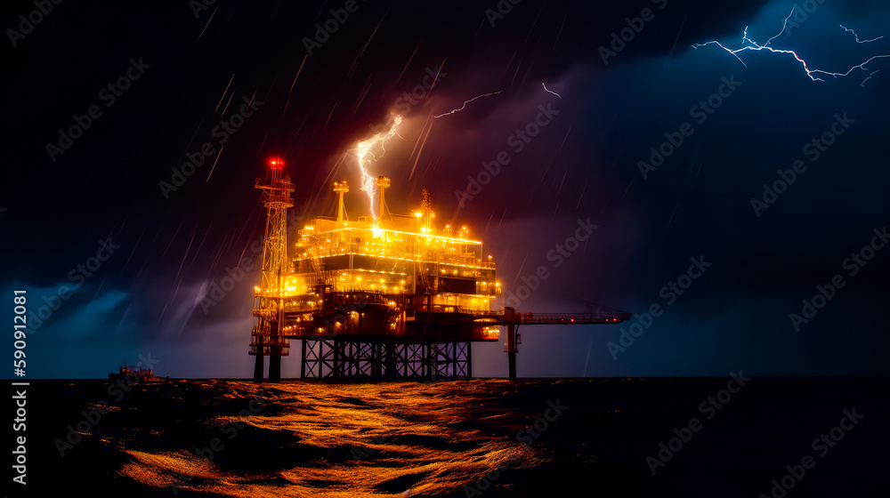 Poster oil rig in the middle of the ocean with lightning in the background. generative ai.