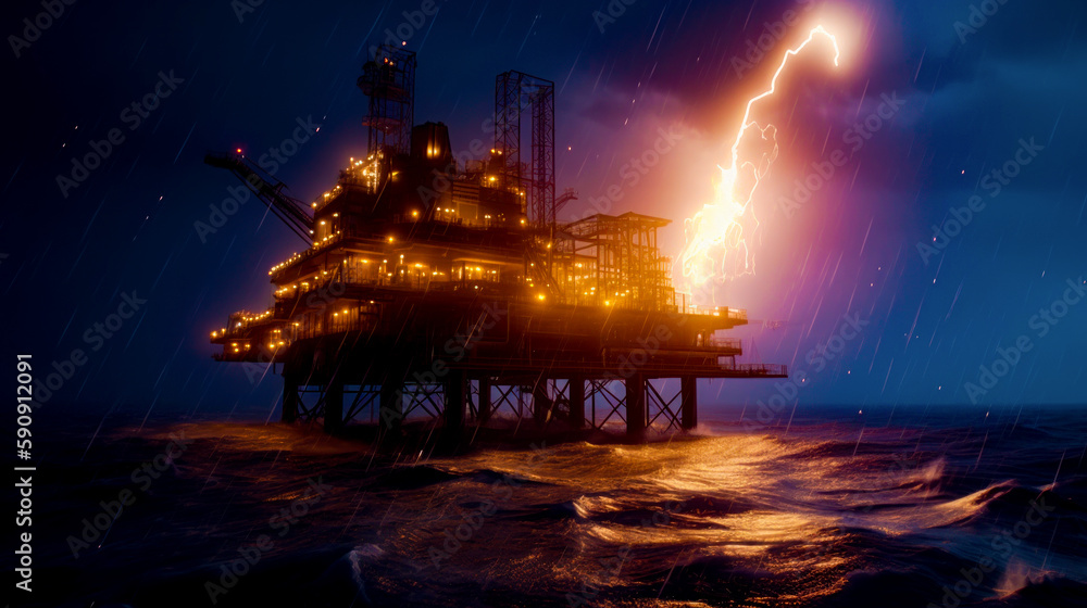 Poster oil rig in the middle of the ocean with lightning in the background. generative ai.