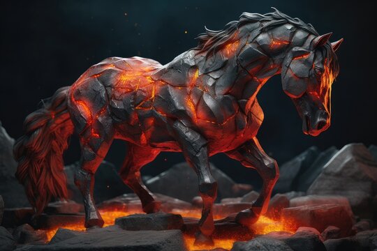 Burning powerful hourse statue with flame relief, ai generative