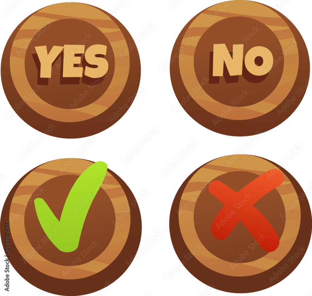 Poster wooden button yes and no. accepted and rejected decorative web page or application elements. isolate