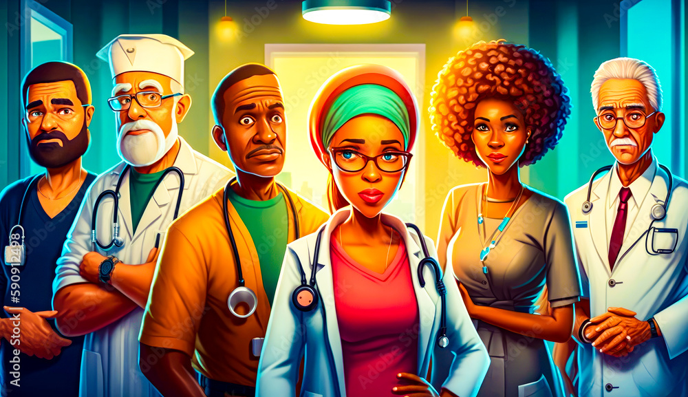 Poster group of doctors standing next to each other in front of doorway. generative ai.