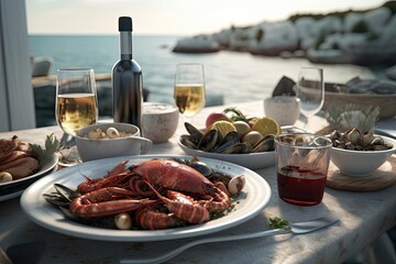 Delicious Seafood dinner table setting, greek taverna outdoor with sea view, ai generative