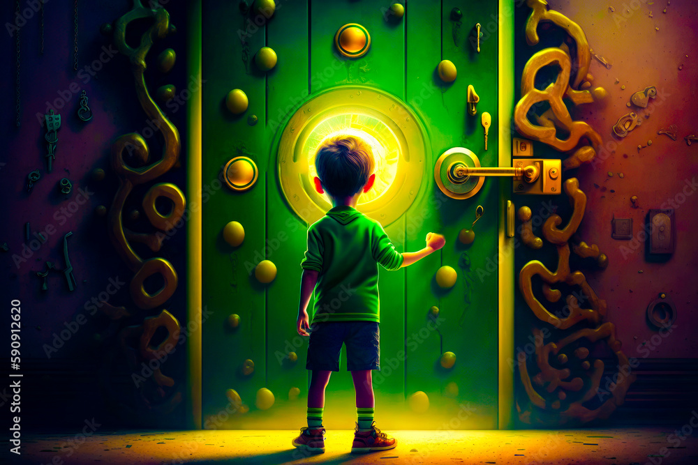 Aufkleber little boy standing in front of door with key in it. generative ai.
