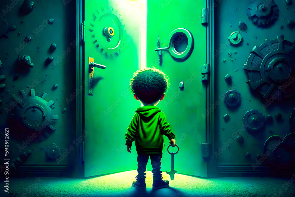 Poster little boy standing in front of green door with key in it. generative ai.