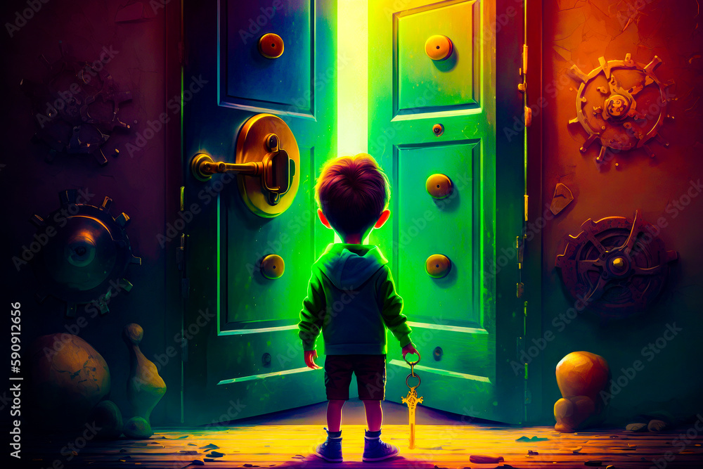 Poster little boy standing in front of door with key in it. generative ai.