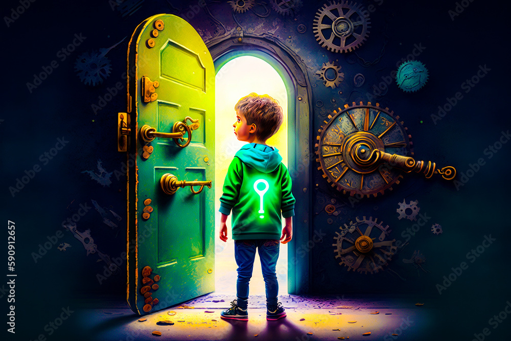 Aufkleber little boy standing in front of open door with glowing key. generative ai.
