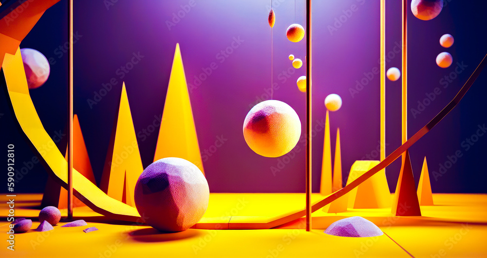 Poster purple and yellow background with bunch of balls in the middle of it. generative ai.
