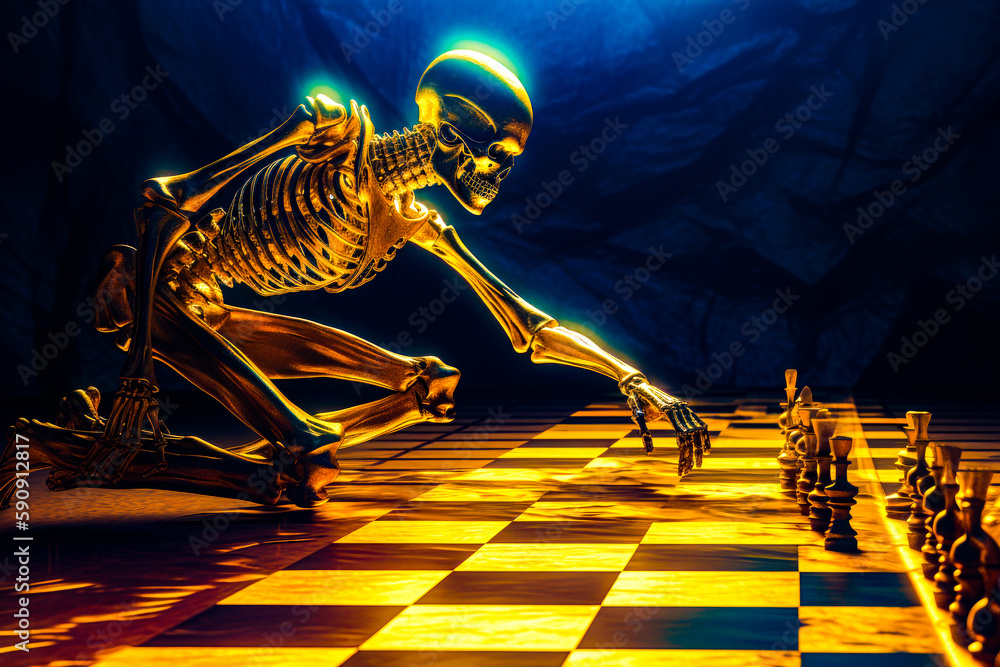 Poster golden skeleton playing chess on checkerboard with blue light in the background. generative ai.