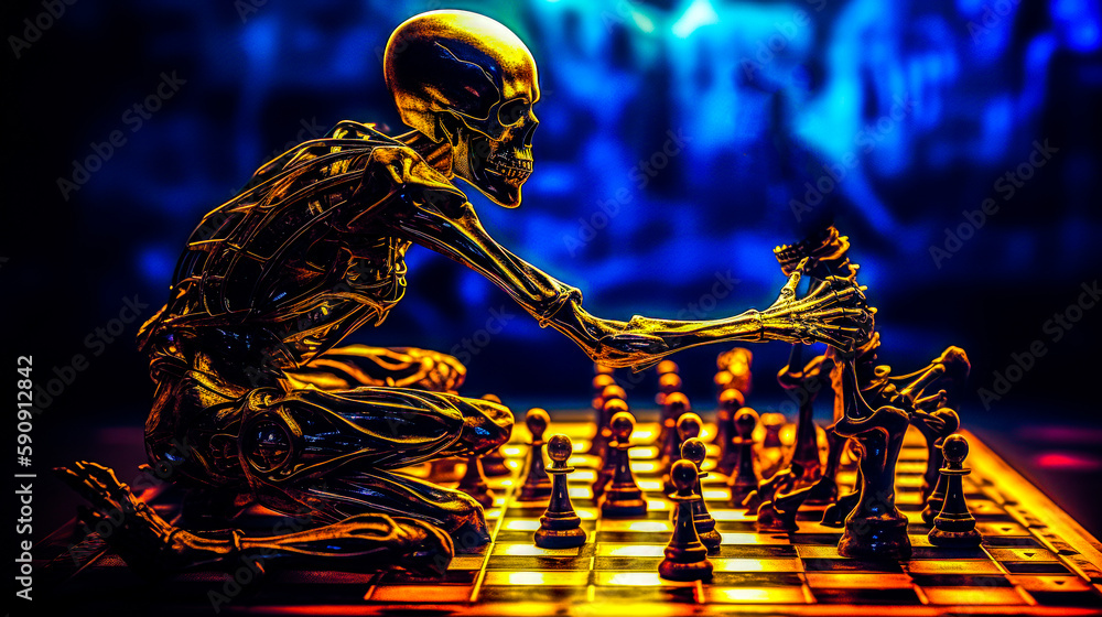 Poster skeleton playing chess on chessboard with chess pieces in front of it. generative ai.