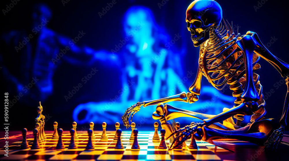Poster skeleton sitting on chess board with skeleton in the middle of it. generative ai.