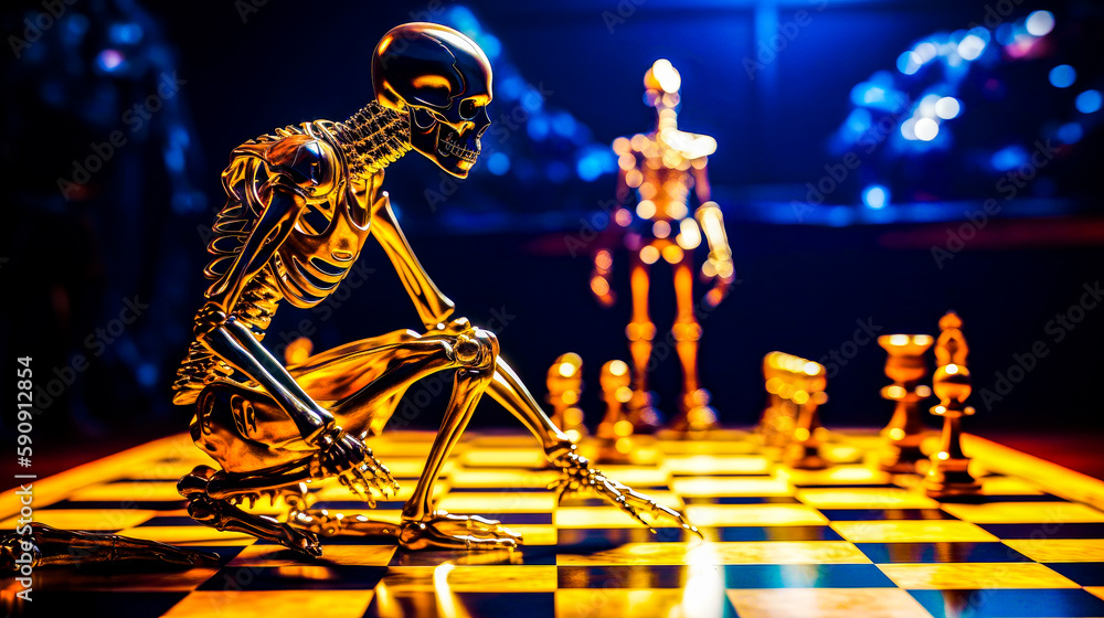 Poster skeleton sitting on top of chess board in front of robot. generative ai.