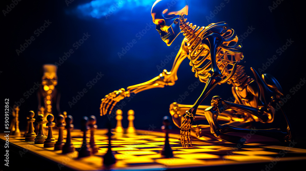 Aufkleber skeleton playing chess on chessboard with blue light behind it. generative ai.