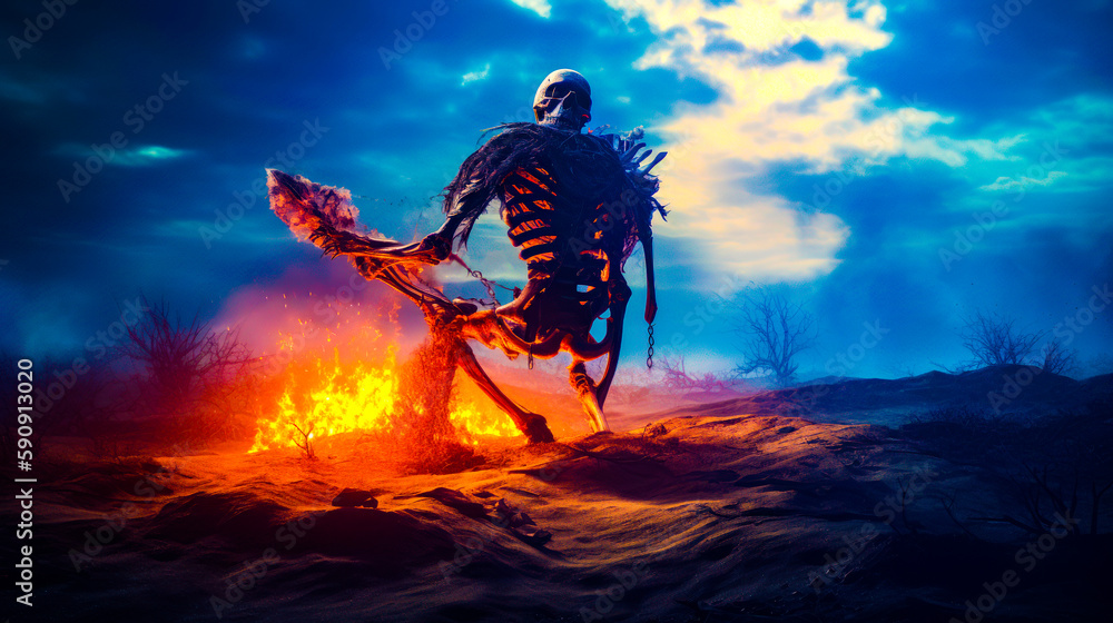 Poster skeleton standing in the middle of field with stick in his hand. generative ai.