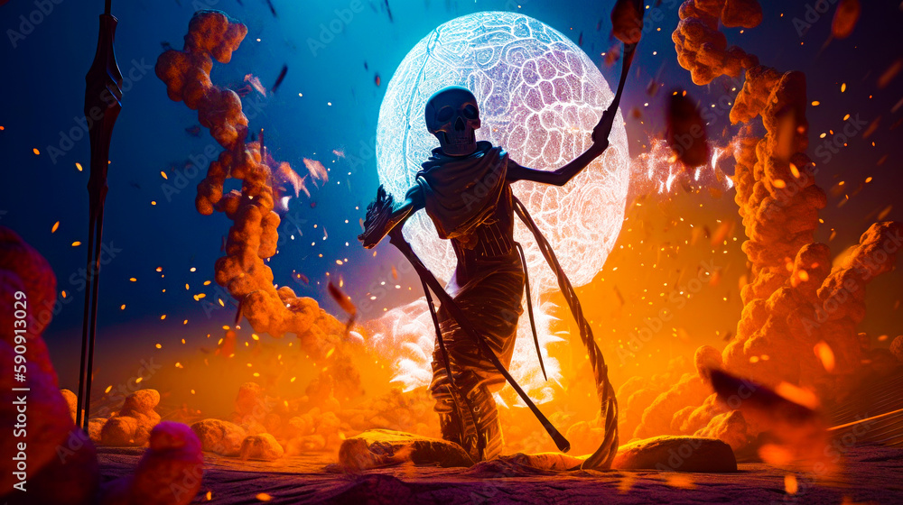 Poster man in space suit standing in front of giant ball of fire. generative ai.