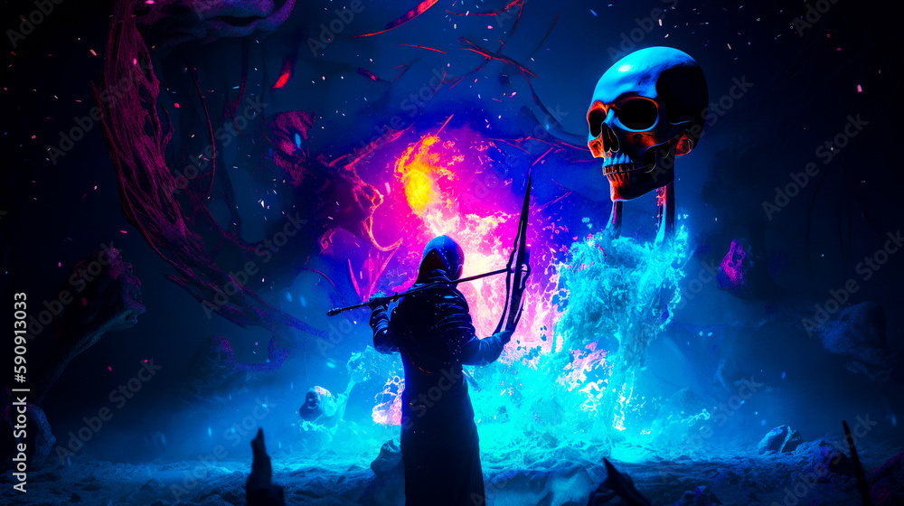 Poster man holding rifle in front of skull in dark room. generative ai.