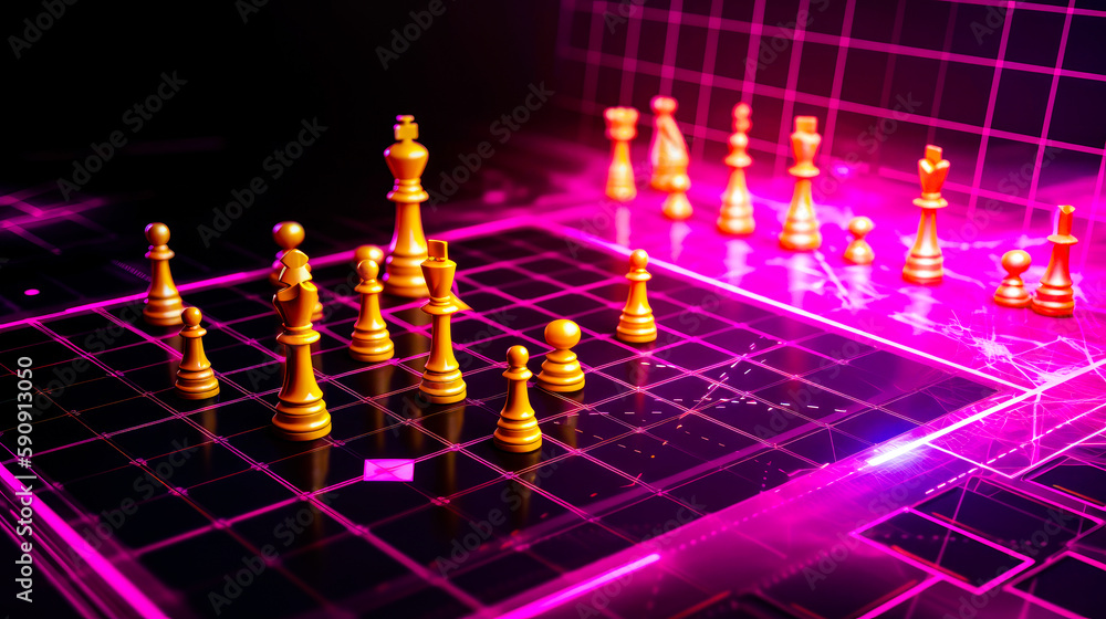 Poster chess board with lot of chess pieces in the middle of it. generative ai.