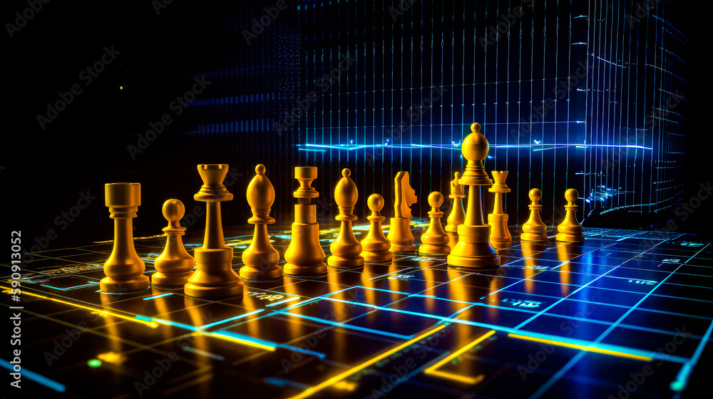 Poster computer generated image of chess board and pieces of chess on it. generative ai.