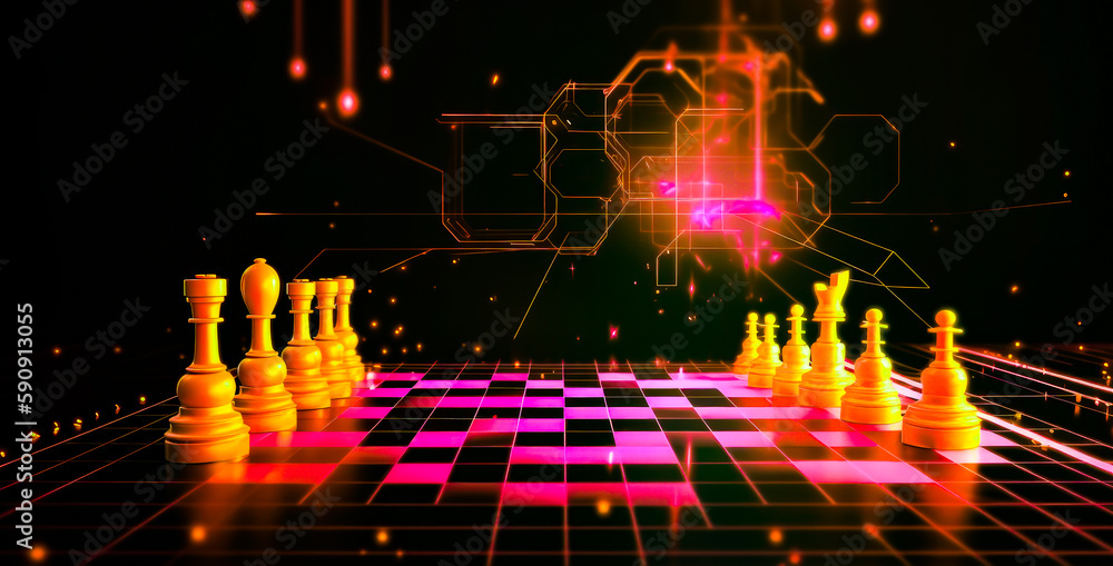 Poster computer generated image of chess board and pieces of chess on black background. generative ai.