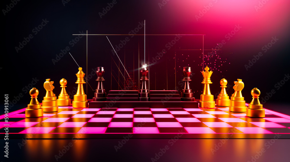 Poster set of chess pieces on checkered board with neon lights in the background. generative ai.