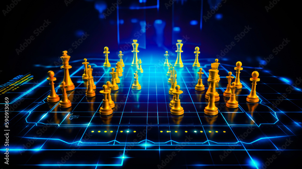 Poster computer generated image of chess board with golden chess pieces on it. generative ai.