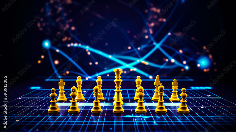 Poster group of chess pieces on blue and black background with lines and dots. generative ai.