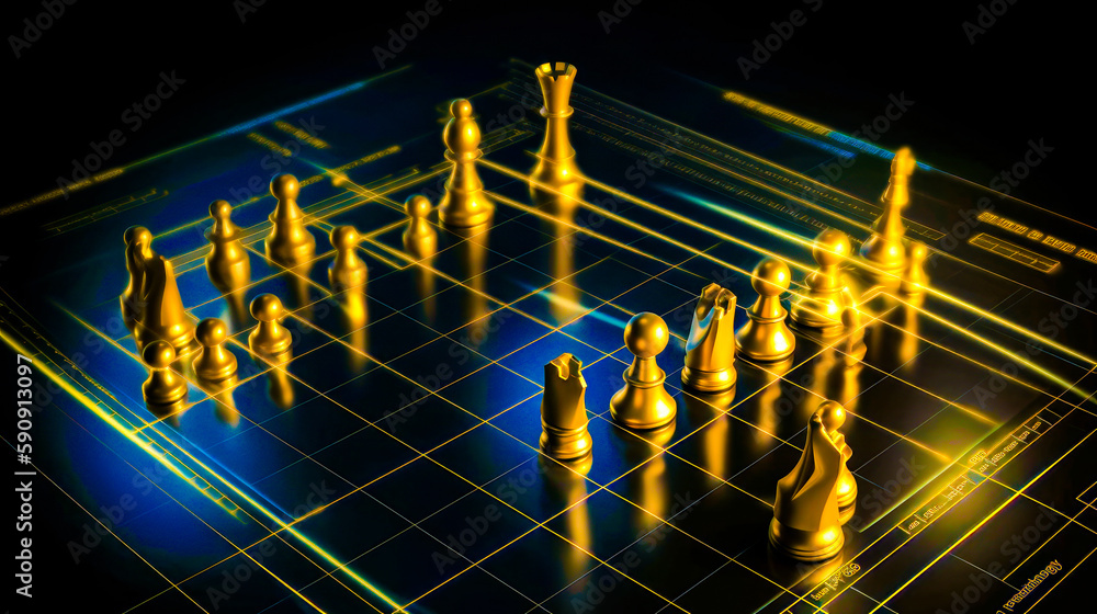Aufkleber computer generated image of chess board with golden chess pieces on it. generative ai.