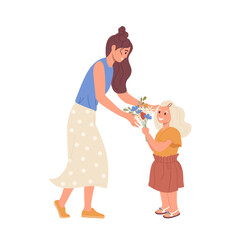 Girl child giving flowers bouquet to loving mother or favorite teacher, international woman day