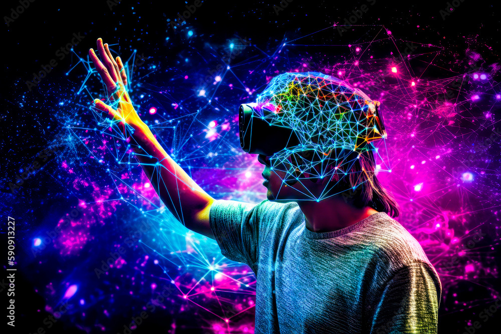 Aufkleber man wearing virtual reality headset in front of colorful background. generative ai.