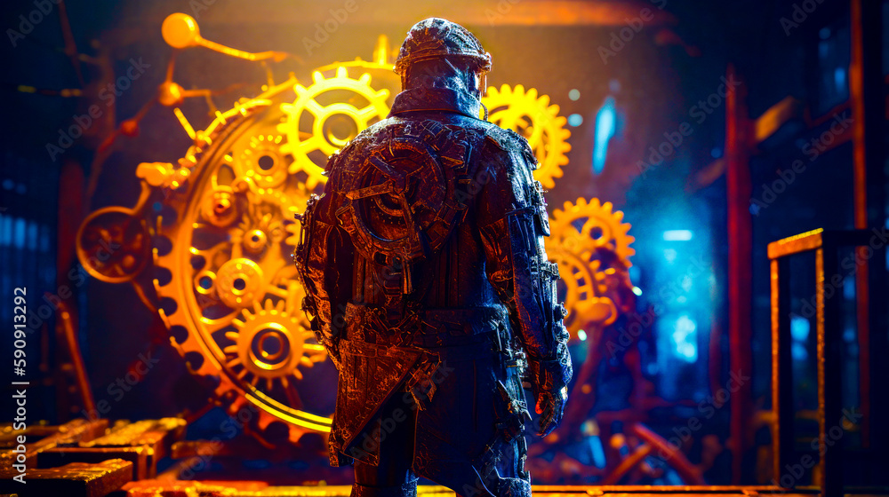 Aufkleber man standing in front of clock in room with yellow and blue lights. generative ai.