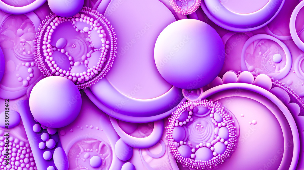 Poster close up of purple background with lot of bubbles and circles. generative ai.