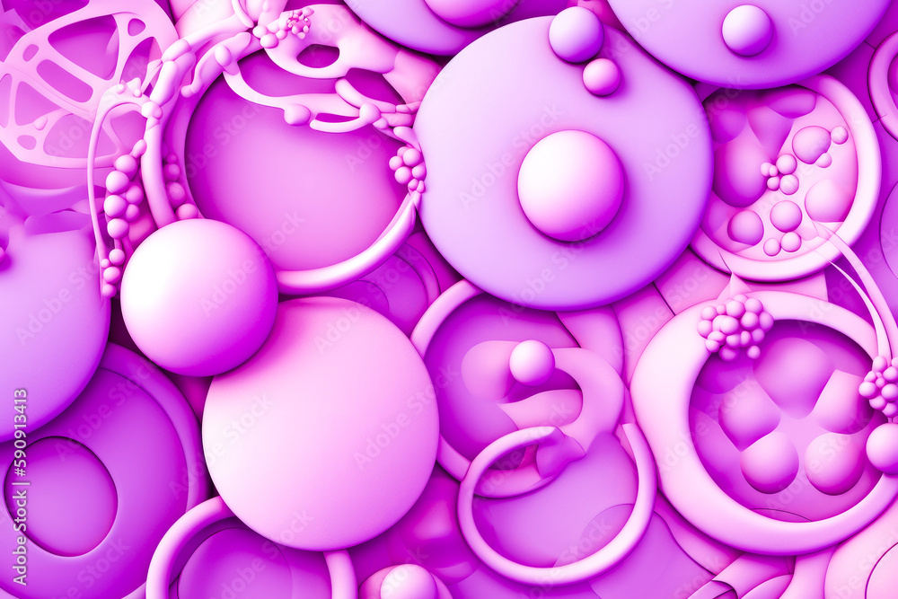 Poster purple background with lot of bubbles and circular object in the middle. generative ai.